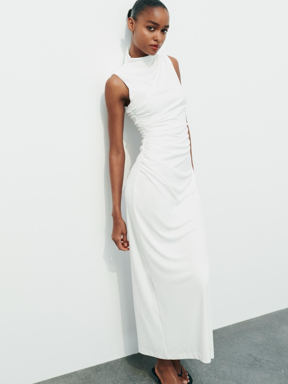 BNWOT Zara Sleeveless White Ruched Maxi Dress